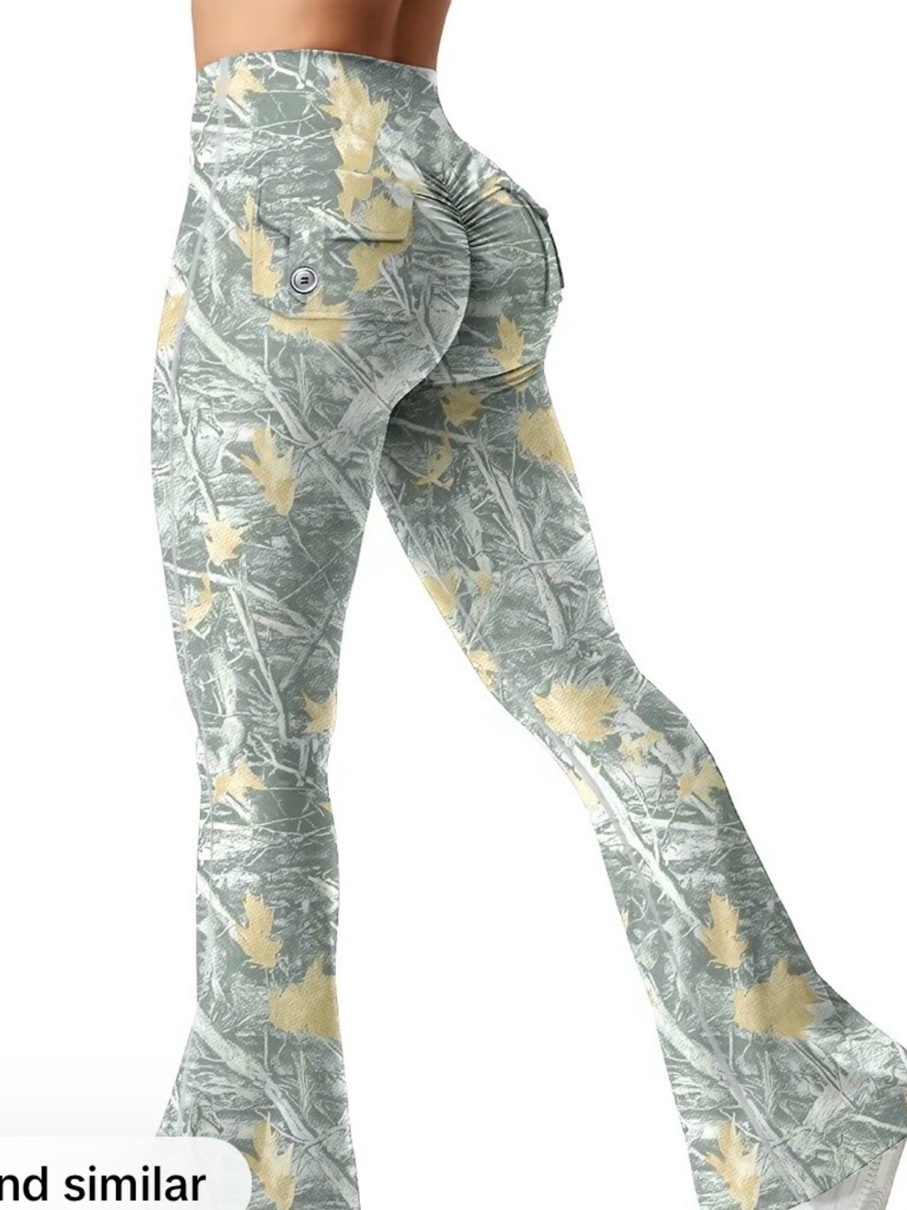 High-Waist Boot Cut Leggings in Sage Green Leaf Print